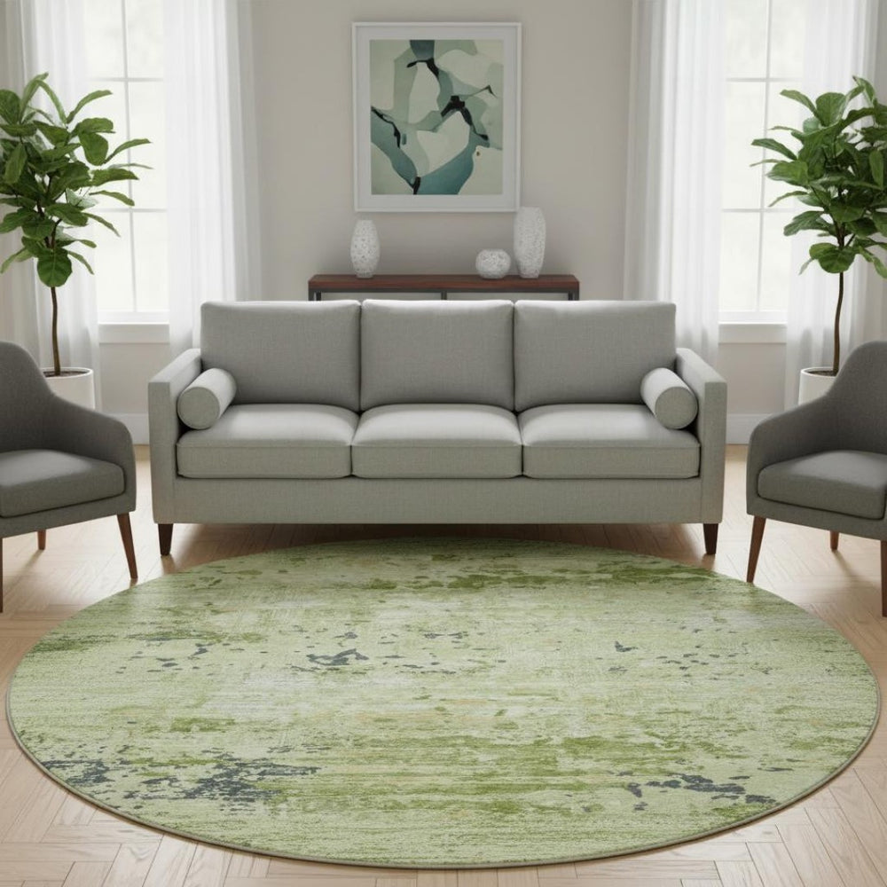 HomeRoots 8' X 8' Contemporary Abstract Artichoke Green Round Rug - Washable, Stain & UV Resistant for Homes 693417
