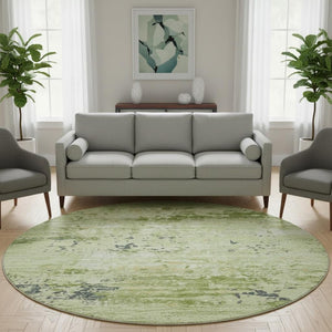 HomeRoots 8' X 8' Contemporary Abstract Artichoke Green Round Rug - Washable, Stain & UV Resistant for Homes 693417