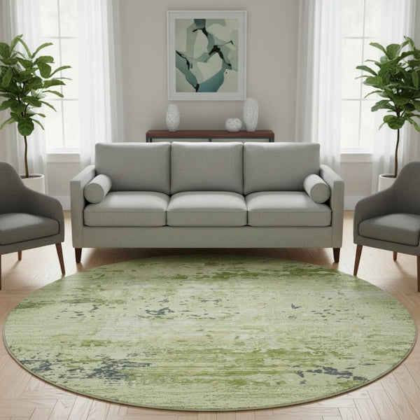 HomeRoots 8' X 8' Contemporary Abstract Artichoke Green Round Rug - Washable, Stain & UV Resistant for Homes 693417
