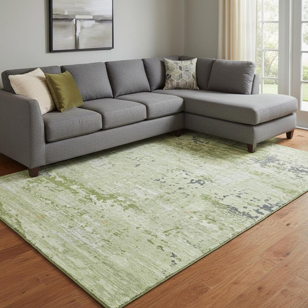 HomeRoots 8' Stylish Artichoke Green Abstract Washable Area Rug with UV Protection for High-Traffic Homes 693418