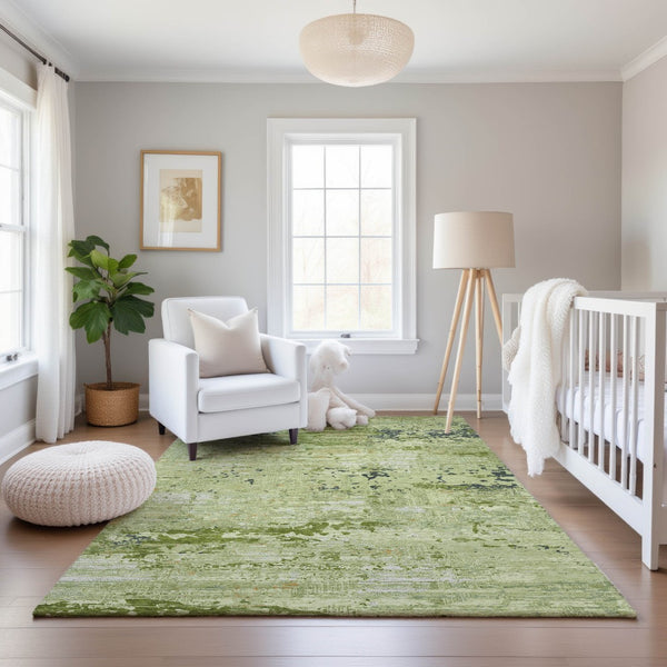 HomeRoots 9' X 12' Contemporary Artichoke Green Abstract Area Rug - Washable, UV-Protected, Pet-Friendly Style 693419