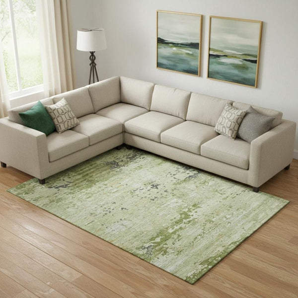 HomeRoots 10' Artichoke Green Ivory Charcoal Abstract Washable Area Rug with UV Protection for High-Traffic Homes 693420
