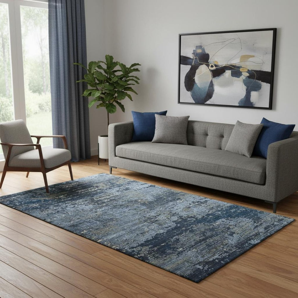 HomeRoots 5' X 8' Washable Abstract Area Rug in Blue, Ivory, and Gray – UV Protected, Stain-Resistant Design! 693422
