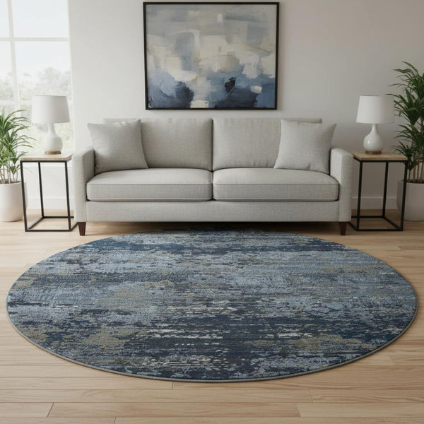 HomeRoots 8' Round Washable Blue Ivory Gray Abstract Rug with UV Protection, Non-Slip Backing for Modern Spaces 693423
