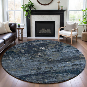HomeRoots 8' Round Washable Blue Ivory Gray Abstract Rug with UV Protection, Non-Slip Backing for Modern Spaces 693423