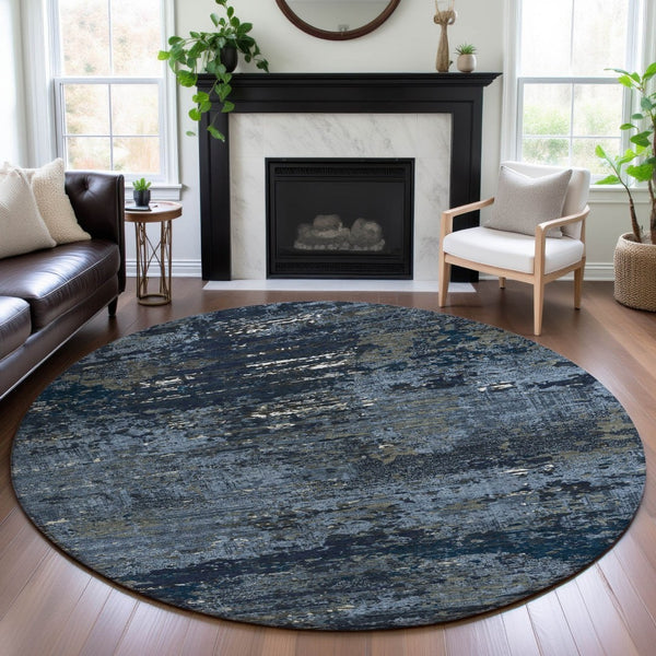 HomeRoots 8' Round Washable Blue Ivory Gray Abstract Rug with UV Protection, Non-Slip Backing for Modern Spaces 693423