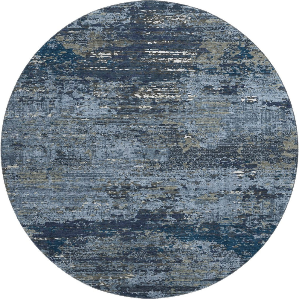 HomeRoots 8' Round Washable Blue Ivory Gray Abstract Rug with UV Protection, Non-Slip Backing for Modern Spaces 693423