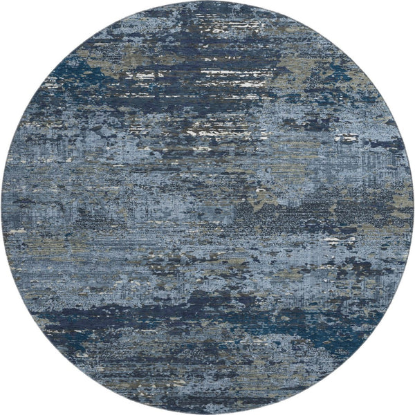 HomeRoots 8' Round Washable Blue Ivory Gray Abstract Rug with UV Protection, Non-Slip Backing for Modern Spaces 693423