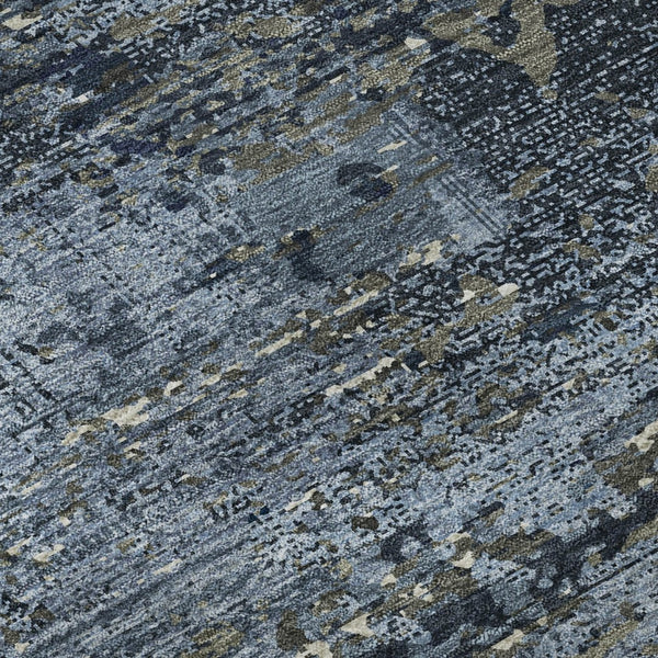 HomeRoots 8' Round Washable Blue Ivory Gray Abstract Rug with UV Protection, Non-Slip Backing for Modern Spaces 693423