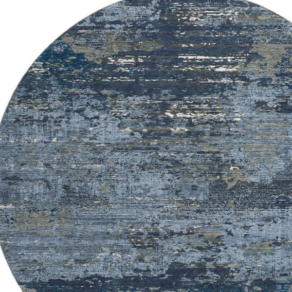 HomeRoots 8' Round Washable Blue Ivory Gray Abstract Rug with UV Protection, Non-Slip Backing for Modern Spaces 693423