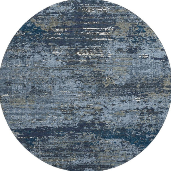 HomeRoots 8' Round Washable Blue Ivory Gray Abstract Rug with UV Protection, Non-Slip Backing for Modern Spaces 693423