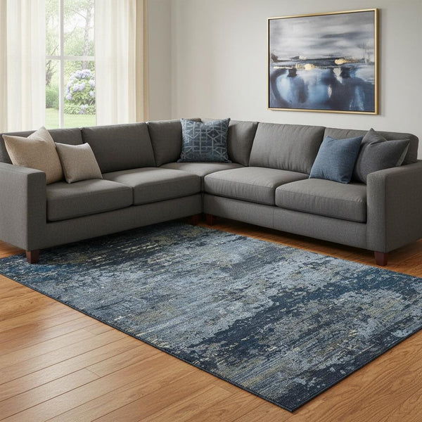 HomeRoots 8' Blue Ivory and Gray Abstract Washable Area Rug - Durable, UV-Protected, Pet-Friendly Design for Homes 693424