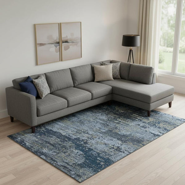 HomeRoots 10' X 14' Blue Ivory Gray Abstract Area Rug - Washable, UV Protected, Stain Resistant & Non-Slip Backing 693426