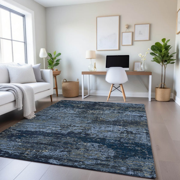 HomeRoots 10' X 14' Blue Ivory Gray Abstract Area Rug - Washable, UV Protected, Stain Resistant & Non-Slip Backing 693426