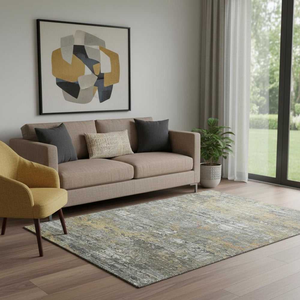 HomeRoots 5' X 8' Gold Gray Silver Abstract Area Rug - Washable, UV Protected, Stain Resistant for Modern Homes 693428