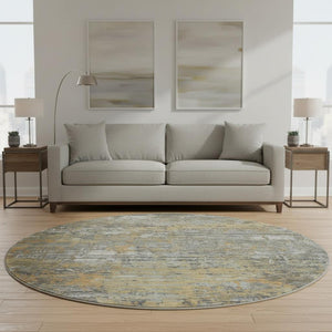 HomeRoots 8' Round Washable Rug in Gold, Gray & Silver - UV Protected, Stain Resistant, Modern Abstract Design 693429
