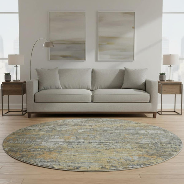 HomeRoots 8' Round Washable Rug in Gold, Gray & Silver - UV Protected, Stain Resistant, Modern Abstract Design 693429