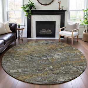 HomeRoots 8' Round Washable Rug in Gold, Gray & Silver - UV Protected, Stain Resistant, Modern Abstract Design 693429