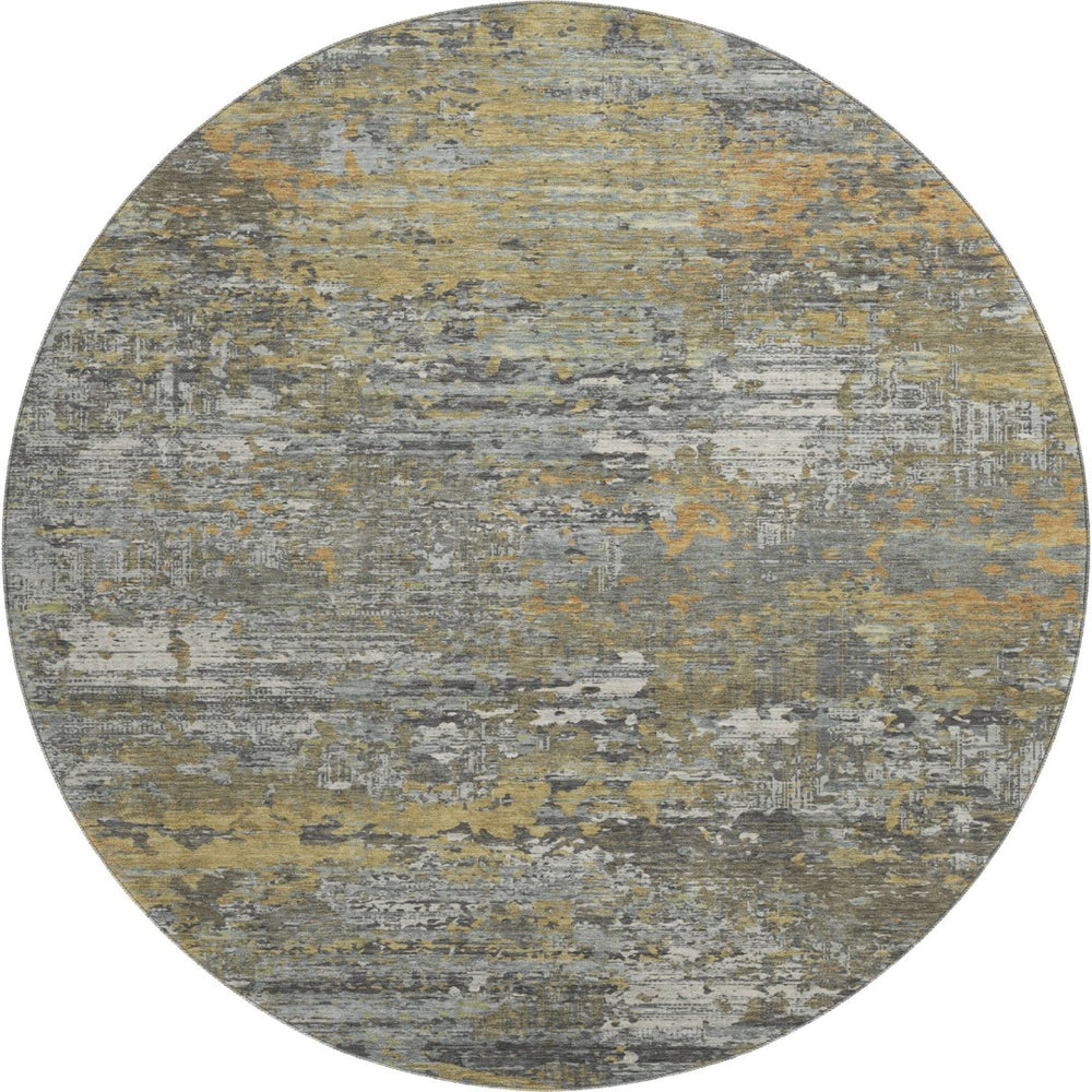 HomeRoots 8' Round Washable Rug in Gold, Gray & Silver - UV Protected, Stain Resistant, Modern Abstract Design 693429