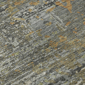 HomeRoots 8' Round Washable Rug in Gold, Gray & Silver - UV Protected, Stain Resistant, Modern Abstract Design 693429
