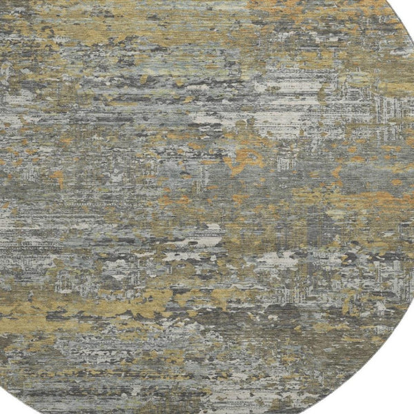 HomeRoots 8' Round Washable Rug in Gold, Gray & Silver - UV Protected, Stain Resistant, Modern Abstract Design 693429