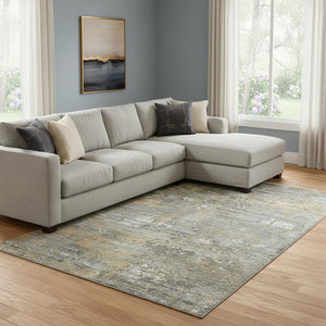 HomeRoots 8' Gold Gray Silver Abstract Area Rug - Washable, UV Protected, Durable for High-Traffic Spaces 693430