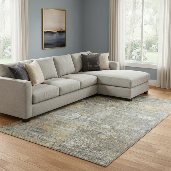 HomeRoots 8' Gold Gray Silver Abstract Area Rug - Washable, UV Protected, Durable for High-Traffic Spaces 693430