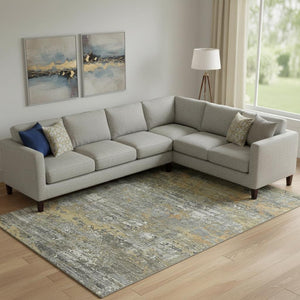 HomeRoots 9' X 12' Gold Gray Silver Abstract Washable Area Rug - Durable, Stylish, UV Protected for High-Traffic Spaces 693431