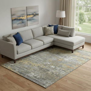 HomeRoots 10' Contemporary Gold, Gray & Silver Abstract Area Rug - Washable, UV-Protected & Stain Resistant! 693432