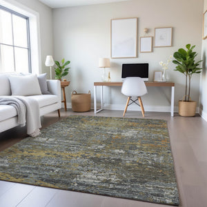 HomeRoots 10' Contemporary Gold, Gray & Silver Abstract Area Rug - Washable, UV-Protected & Stain Resistant! 693432
