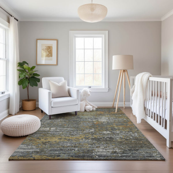 HomeRoots 10' Contemporary Gold, Gray & Silver Abstract Area Rug - Washable, UV-Protected & Stain Resistant! 693432