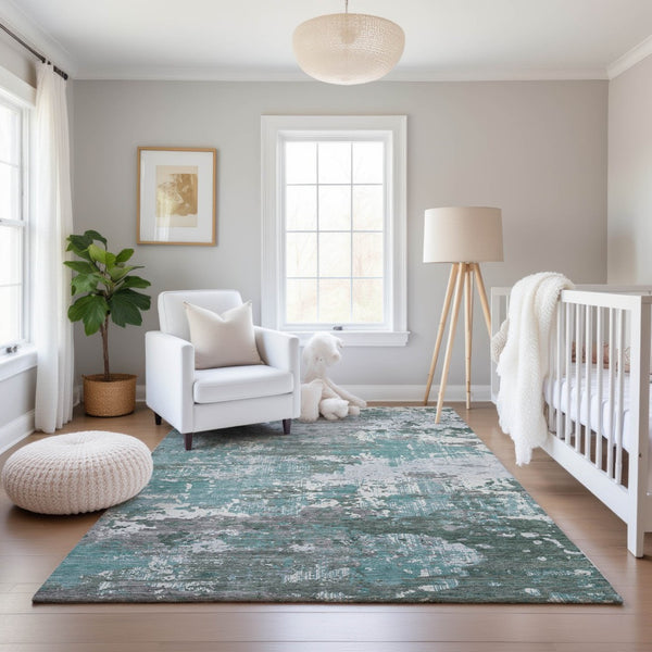HomeRoots 5' X 8' Abstract Washable Area Rug in Pale Aqua, Ivory & Gray - UV Protected, Stylish & Durable Design 693434