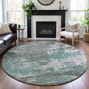 HomeRoots 8' X 8' Pale Aqua, Ivory & Gray Abstract Round Rug - Washable, UV-Protected & Perfect for Families 693435