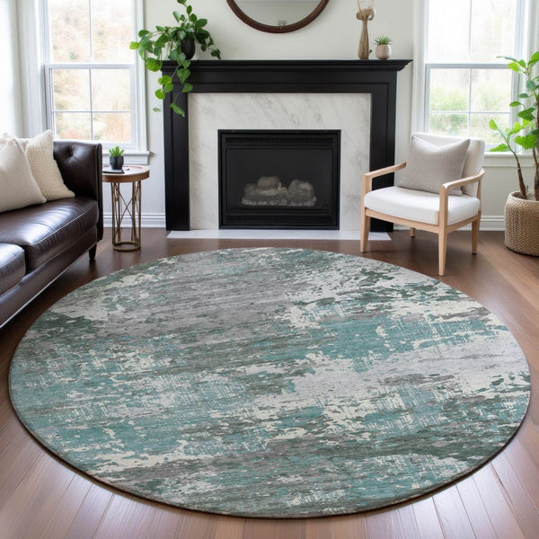 HomeRoots 8' X 8' Pale Aqua, Ivory & Gray Abstract Round Rug - Washable, UV-Protected & Perfect for Families 693435