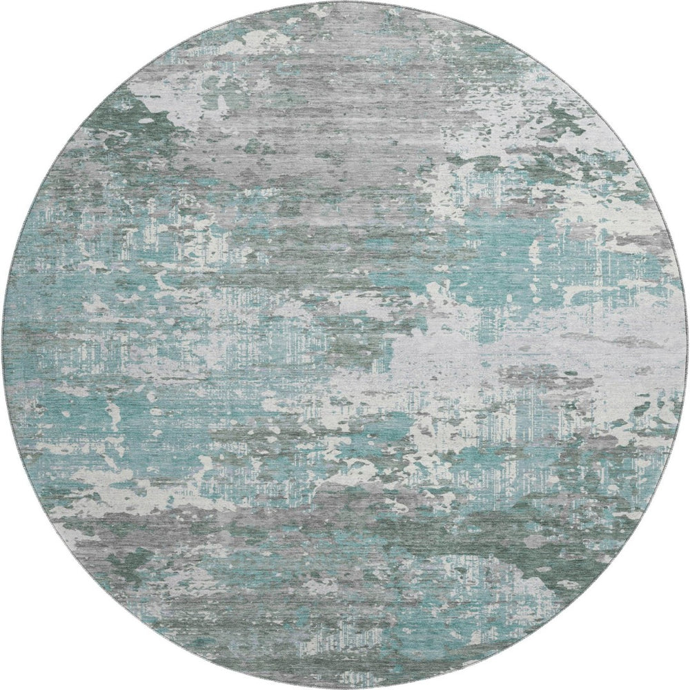 HomeRoots 8' X 8' Pale Aqua, Ivory & Gray Abstract Round Rug - Washable, UV-Protected & Perfect for Families 693435