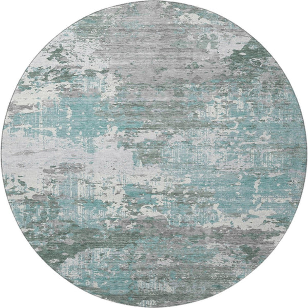 HomeRoots 8' X 8' Pale Aqua, Ivory & Gray Abstract Round Rug - Washable, UV-Protected & Perfect for Families 693435