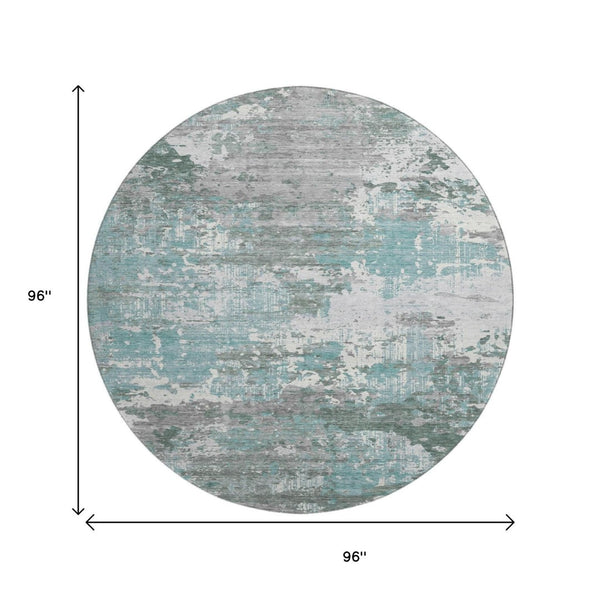 HomeRoots 8' X 8' Pale Aqua, Ivory & Gray Abstract Round Rug - Washable, UV-Protected & Perfect for Families 693435