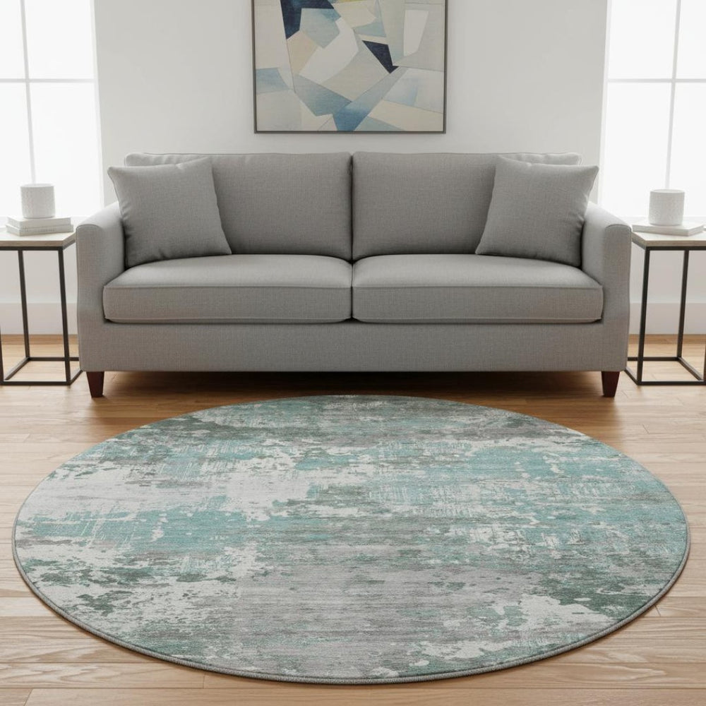 HomeRoots 8' X 8' Pale Aqua, Ivory & Gray Abstract Round Rug - Washable, UV-Protected & Perfect for Families 693435