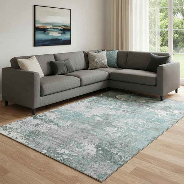 HomeRoots 8' Pale Aqua Abstract Area Rug - Stylish, Washable, Stain Resistant with UV Protection for Homes 693436