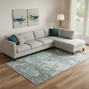 HomeRoots 10' Modern Abstract Pale Aqua, Ivory & Gray Washable Area Rug with UV Protection & Stain Resistance 693438