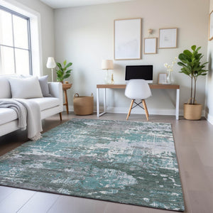 HomeRoots 10' Modern Abstract Pale Aqua, Ivory & Gray Washable Area Rug with UV Protection & Stain Resistance 693438