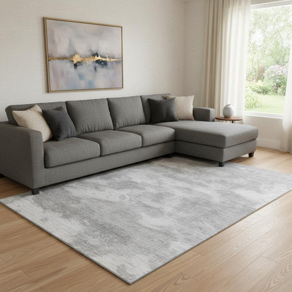 HomeRoots 8' Silver and Gray Abstract Area Rug - Washable, UV Protected, Stain Resistant for Modern Homes 693442
