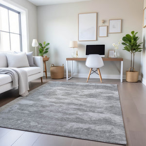 HomeRoots 9' X 12' Stylish Silver & Gray Abstract Area Rug - Washable, UV Protected, Durable for High-Traffic Areas 693443