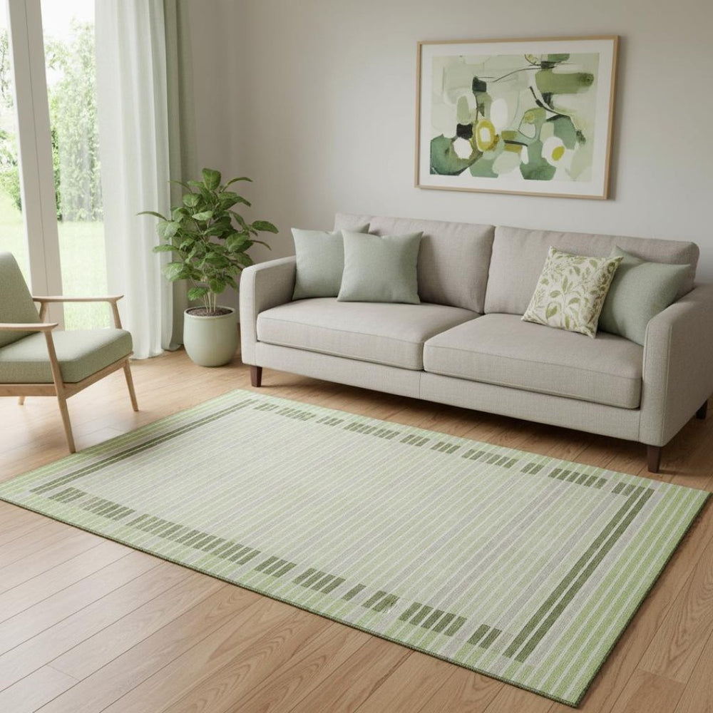 HomeRoots 5' X 8' Artichoke Green Ivory Gray Striped Area Rug – Durable, Washable, UV Protected & Stylish Decor 693446