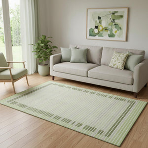 HomeRoots 5' X 8' Artichoke Green Ivory Gray Striped Area Rug – Durable, Washable, UV Protected & Stylish Decor 693446