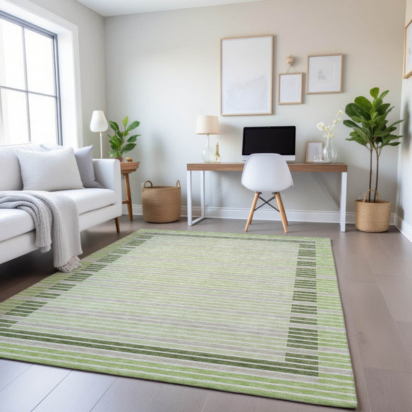HomeRoots 5' X 8' Artichoke Green Ivory Gray Striped Area Rug – Durable, Washable, UV Protected & Stylish Decor 693446
