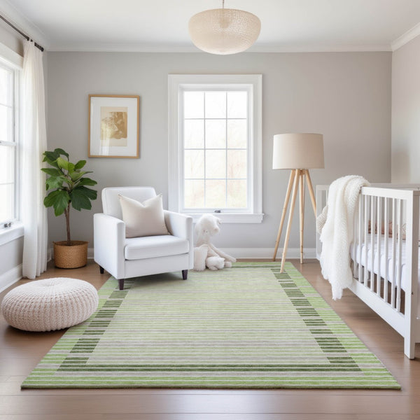 HomeRoots 5' X 8' Artichoke Green Ivory Gray Striped Area Rug – Durable, Washable, UV Protected & Stylish Decor 693446