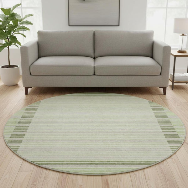 HomeRoots 8' X 8' Artichoke Green Striped Round Rug - Washable, UV-Protected, Stylish & Durable for Every Home 693447