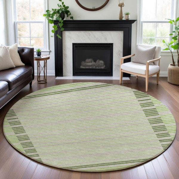 HomeRoots 8' X 8' Artichoke Green Striped Round Rug - Washable, UV-Protected, Stylish & Durable for Every Home 693447