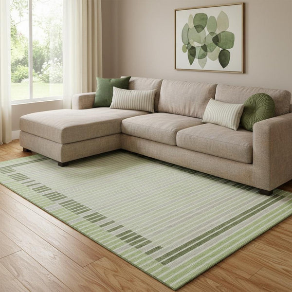 HomeRoots 8' Artichoke Green, Ivory & Gray Striped Washable Area Rug with UV Protection for High-Traffic Spaces 693448